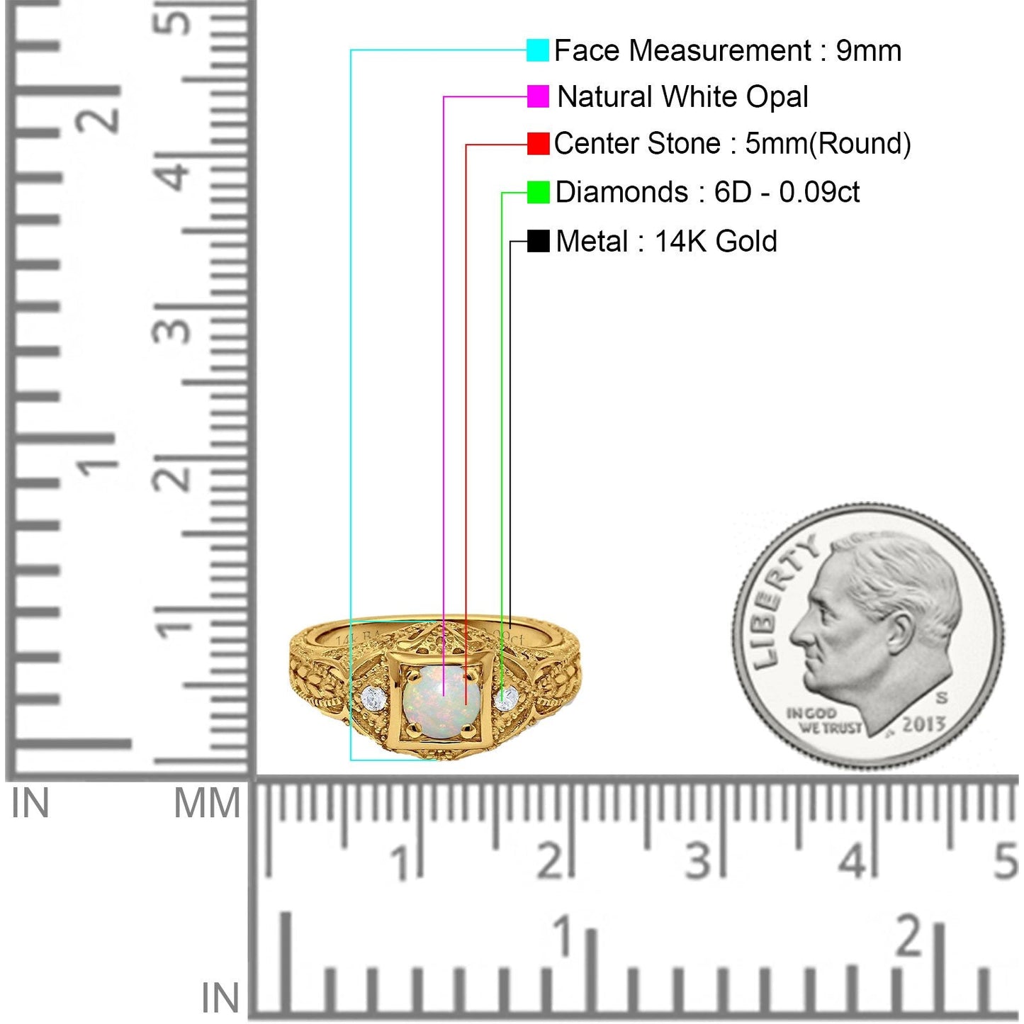 14K Yellow Gold 0.09ct Round Antique Style 5mm G SI Natural White Opal Diamond Engagement Wedding Ring Size 6.5