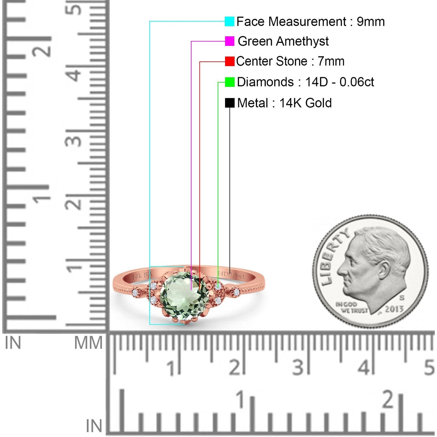 14K Rose Gold 1.34ct Round Art Deco Fashion 7mm G SI Natural Green Amethyst Diamond Engagement Wedding Ring Size 6.5