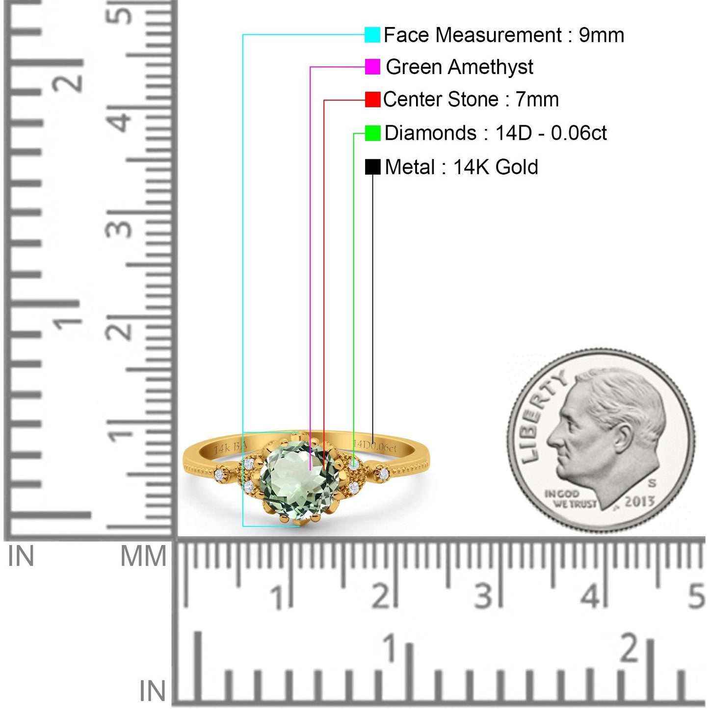 14K Yellow Gold 1.34ct Round Art Deco Fashion 7mm G SI Natural Green Amethyst Diamond Engagement Wedding Ring Size 6.5