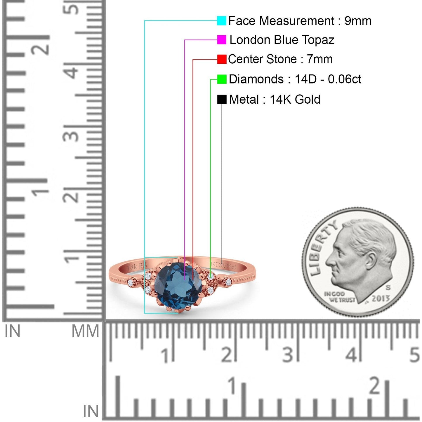 14K Rose Gold 1.34ct Round Art Deco Fashion 7mm G SI London Blue Topaz Diamond Engagement Wedding Ring Size 6.5