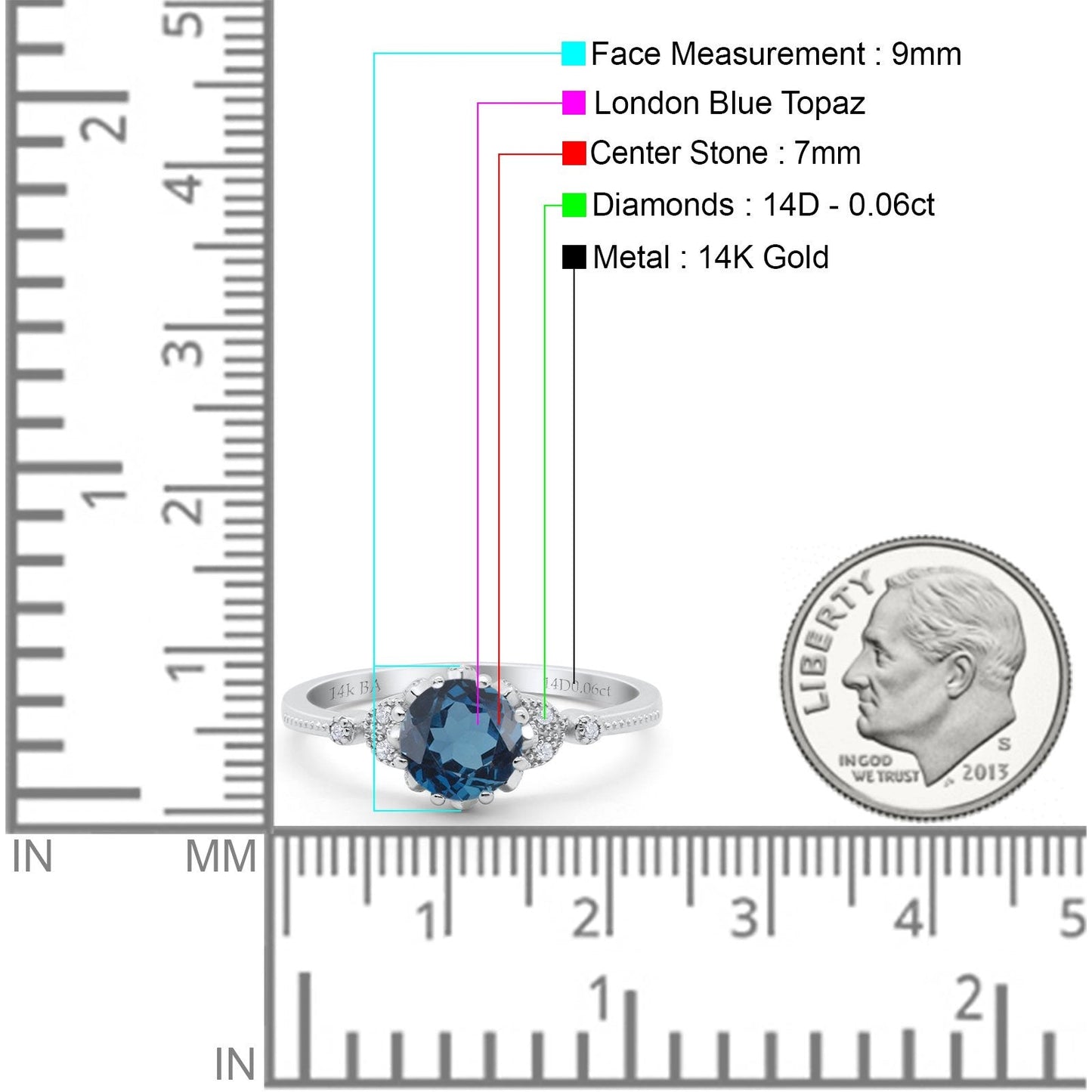 Bague de fiançailles en or blanc 14 carats 1,34 ct Art déco ronde 7 mm G SI avec topaze bleue de Londres et diamant taille 6,5