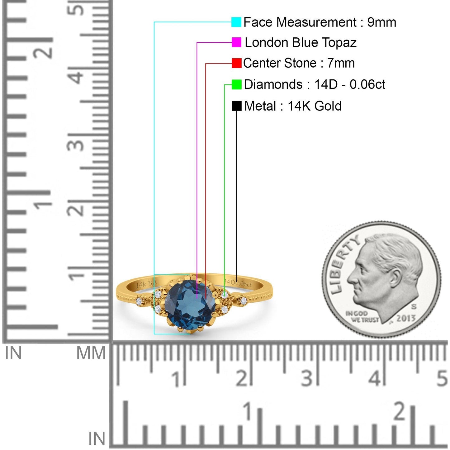 14K Yellow Gold 1.34ct Round Art Deco Fashion 7mm G SI London Blue Topaz Diamond Engagement Wedding Ring Size 6.5