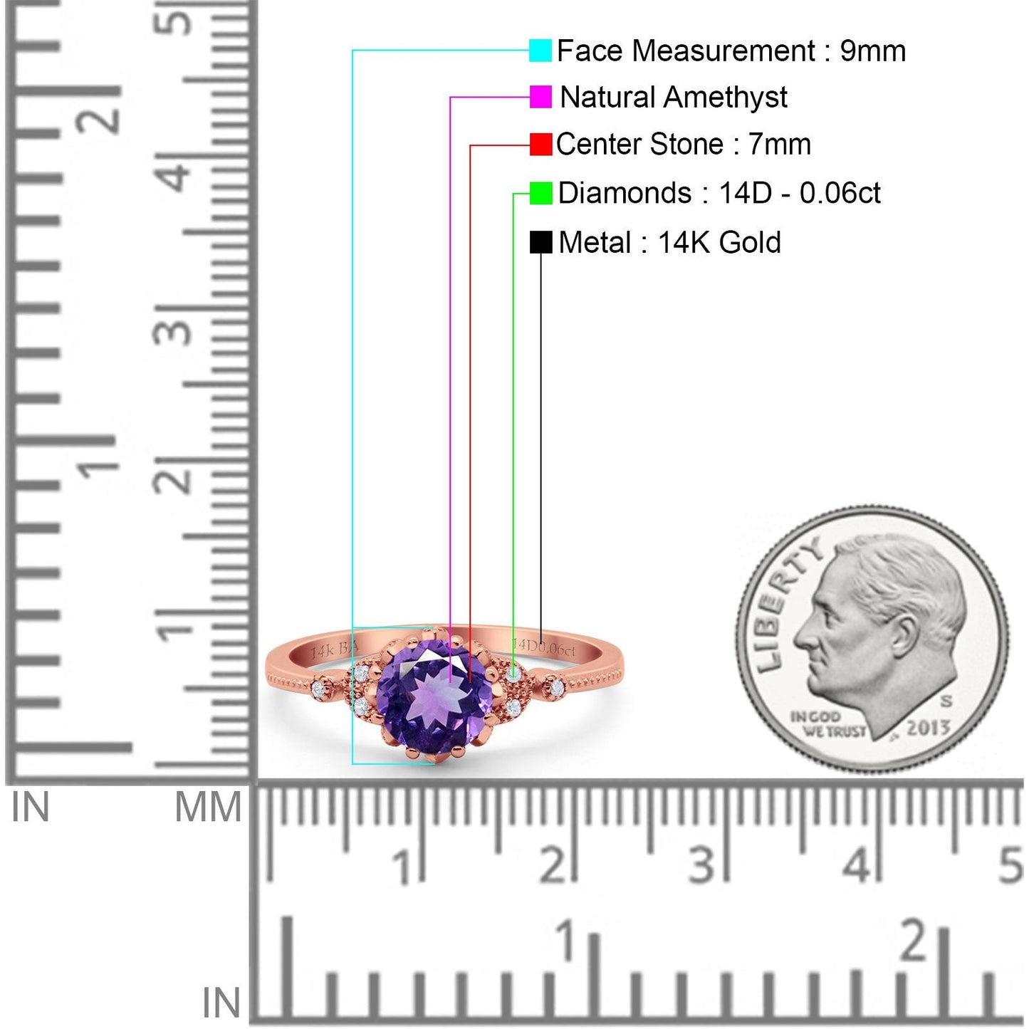 14K Rose Gold 1.34ct Round Art Deco Fashion 7mm G SI Natural Amethyst Diamond Engagement Wedding Ring Size 6.5