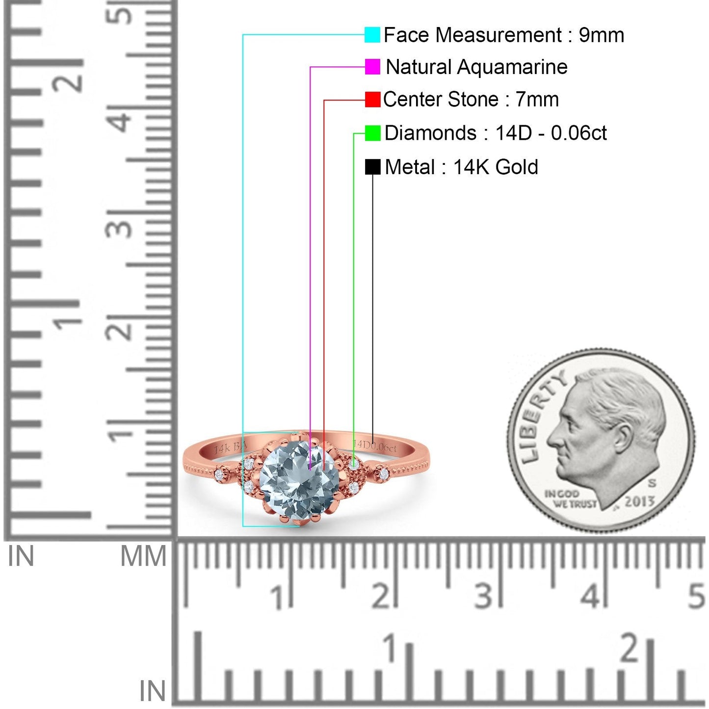 14K Rose Gold 1.34ct Round Art Deco Fashion 7mm G SI Natural Aquamarine Diamond Engagement Wedding Ring Size 6.5