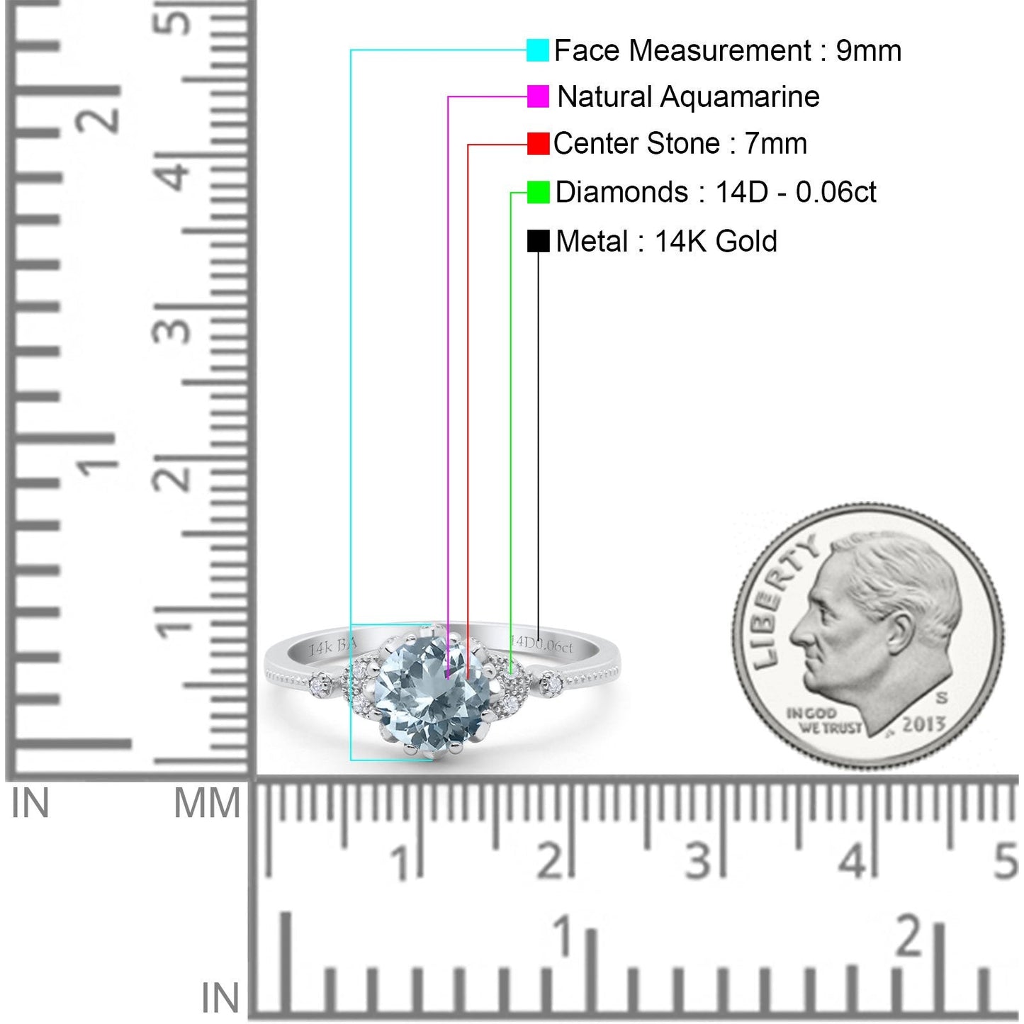 14K White Gold 1.34ct Round Art Deco Fashion 7mm G SI Natural Aquamarine Diamond Engagement Wedding Ring Size 6.5