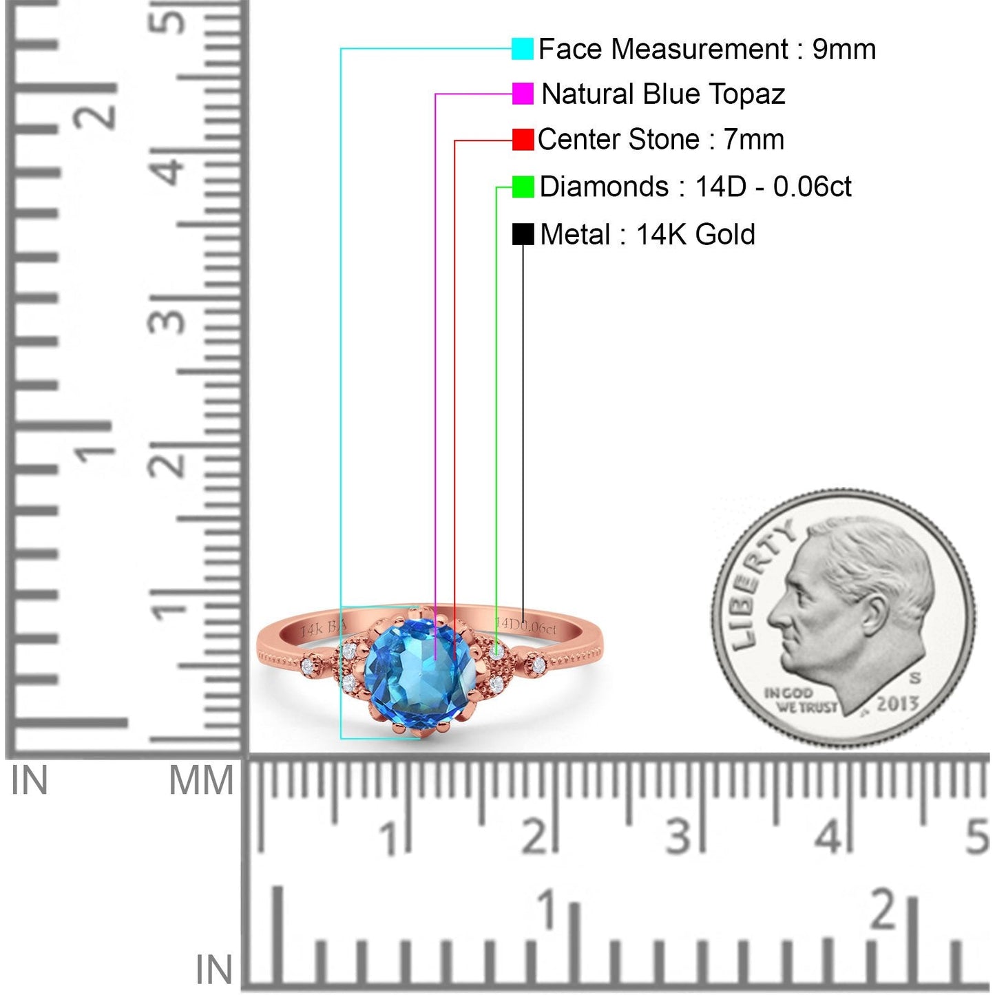 14K Rose Gold 1.34ct Round Art Deco Fashion 7mm G SI Natural Blue Topaz Diamond Engagement Wedding Ring Size 6.5