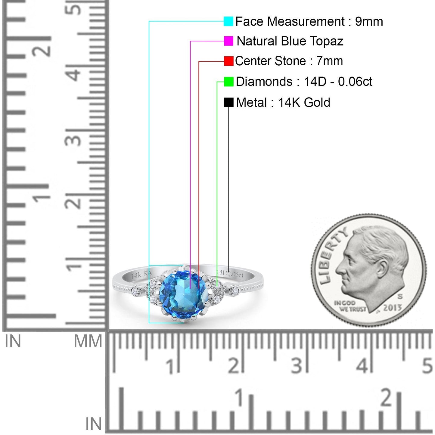 Bague de fiançailles en or blanc 14 carats 1,34 ct Art déco ronde 7 mm G SI avec topaze bleue naturelle et diamant taille 6,5