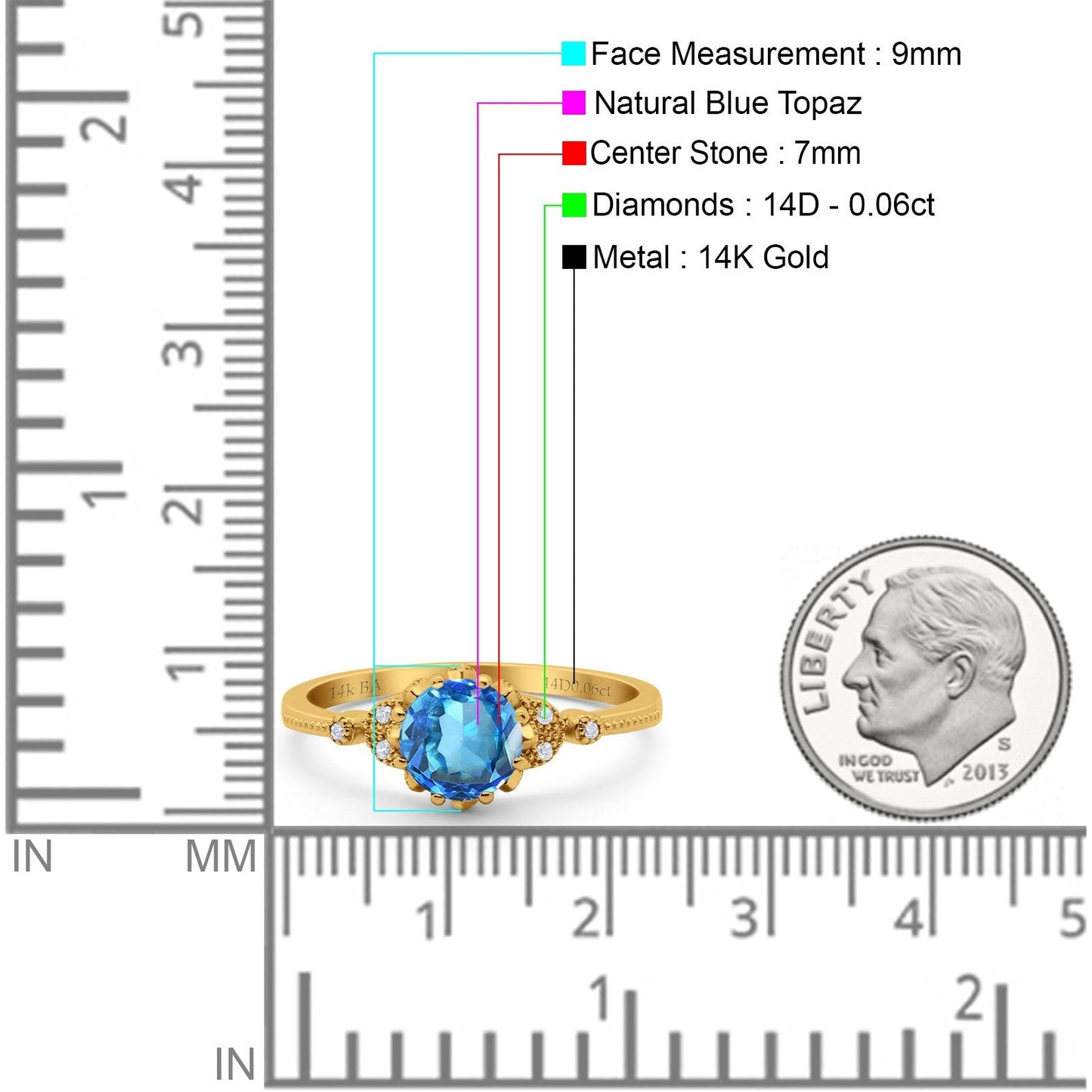 14K Yellow Gold 1.34ct Round Art Deco Fashion 7mm G SI Natural Blue Topaz Diamond Engagement Wedding Ring Size 6.5