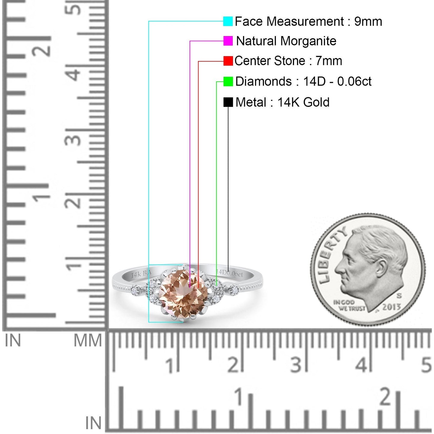 14K White Gold 1.34ct Round Art Deco Fashion 7mm G SI Natural Morganite Diamond Engagement Wedding Ring Size 6.5