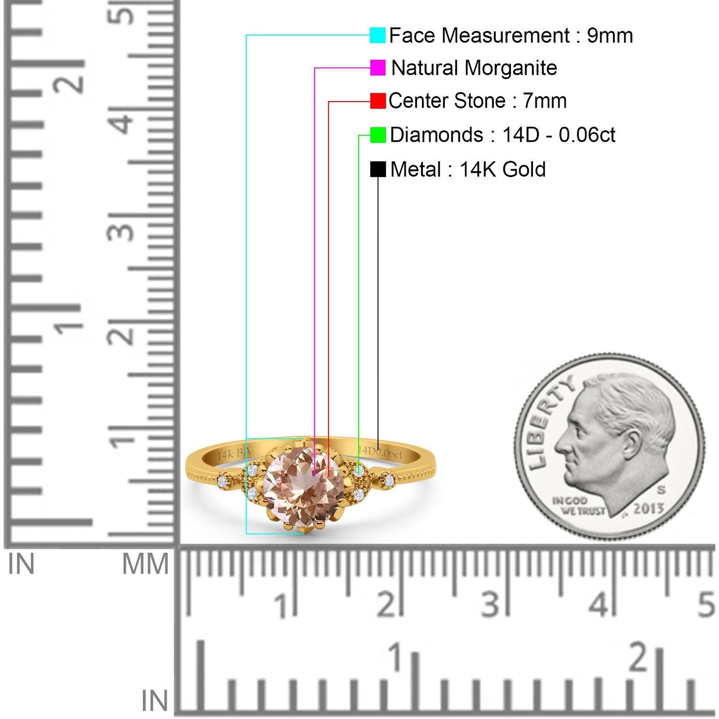 14K Yellow Gold 1.34ct Round Art Deco Fashion 7mm G SI Natural Morganite Diamond Engagement Wedding Ring Size 6.5