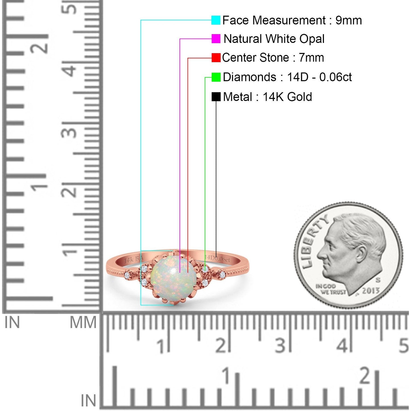 14K Rose Gold 0.06ct Round Art Deco Fashion 7mm G SI Natural White Opal Diamond Engagement Wedding Ring Size 6.5