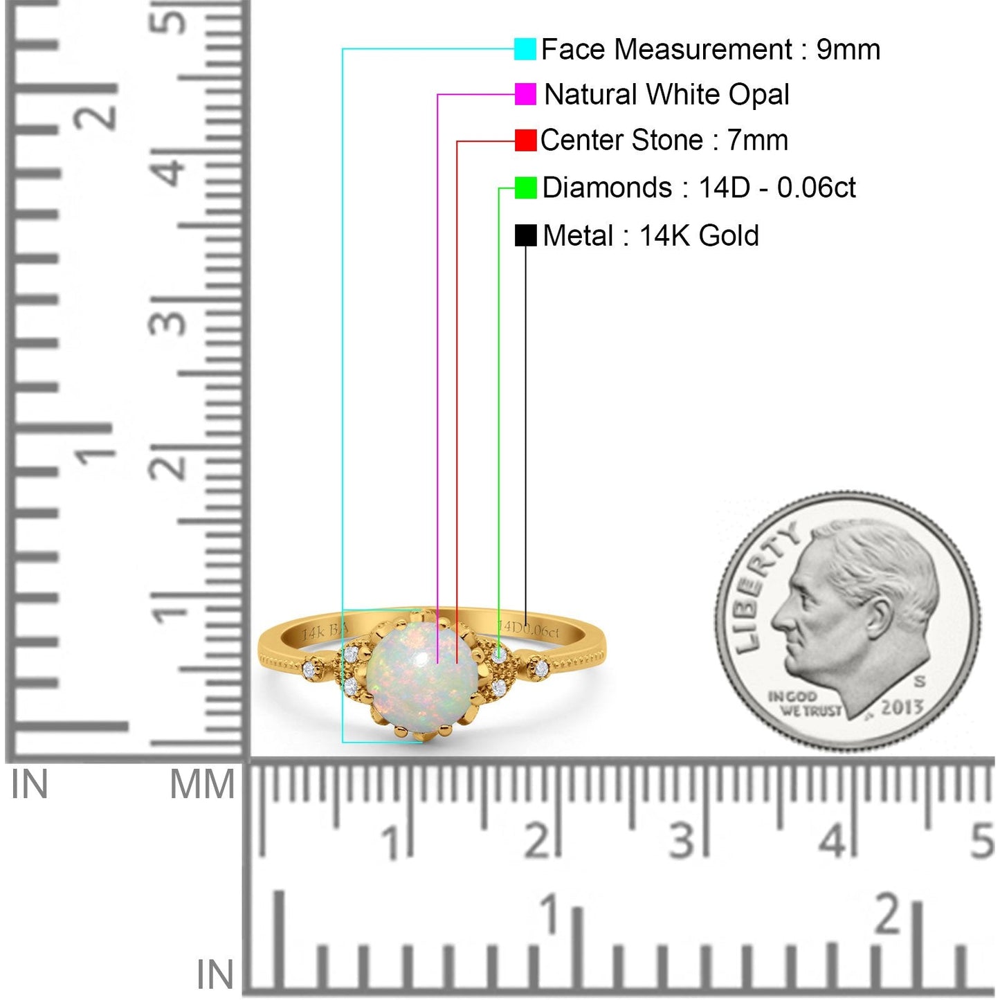 14K Yellow Gold 0.06ct Round Art Deco Fashion 7mm G SI Natural White Opal Diamond Engagement Wedding Ring Size 6.5