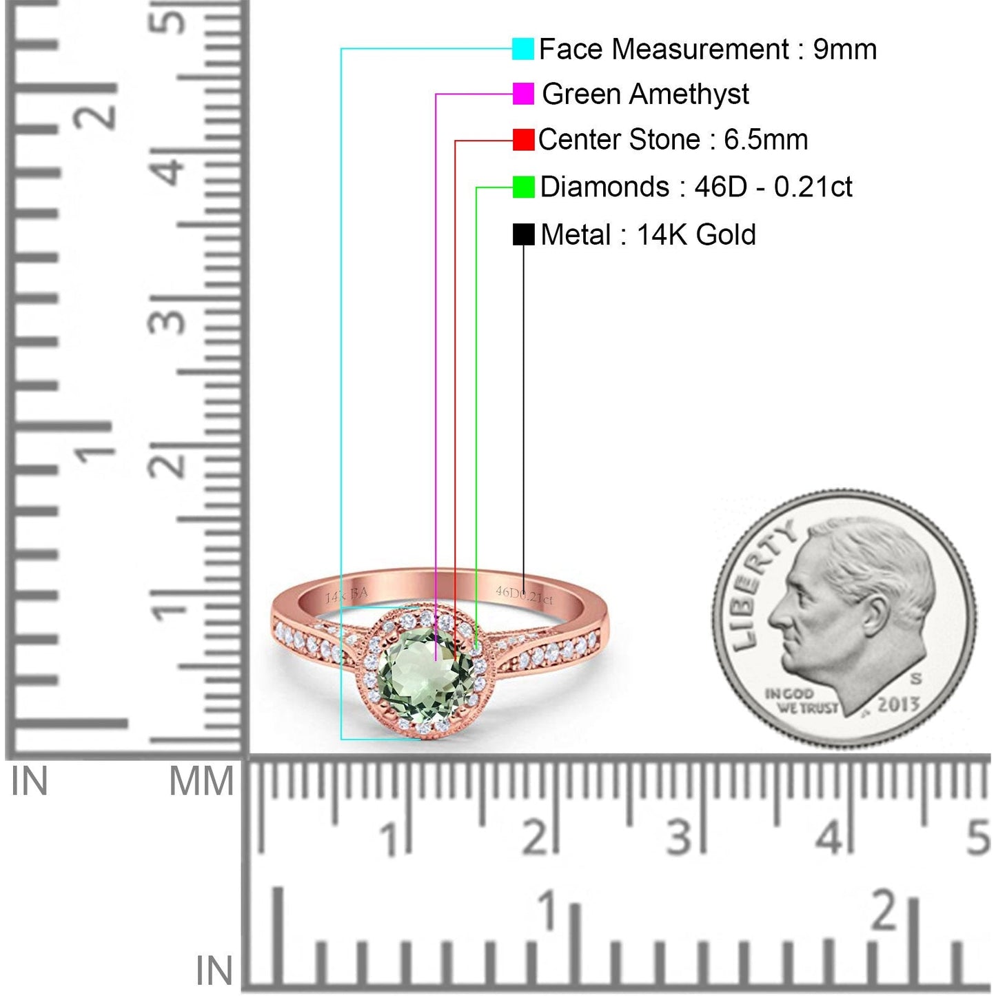 14K Rose Gold 0.67ct Round Halo 6.5mm G SI Natural Green Amethyst Diamond Engagement Wedding Ring Size 6.5