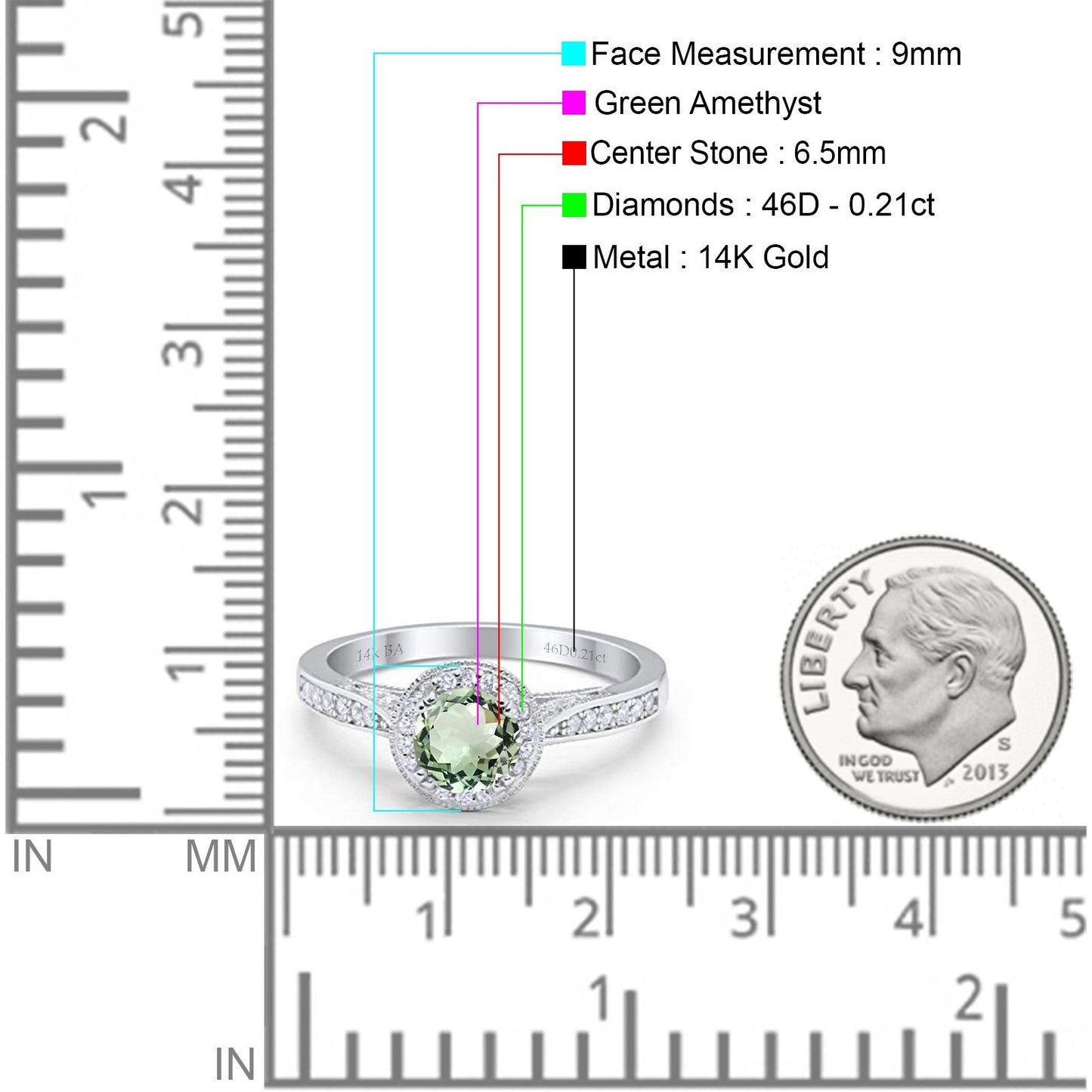 14K White Gold 0.67ct Round Halo 6.5mm G SI Natural Green Amethyst Diamond Engagement Wedding Ring Size 6.5