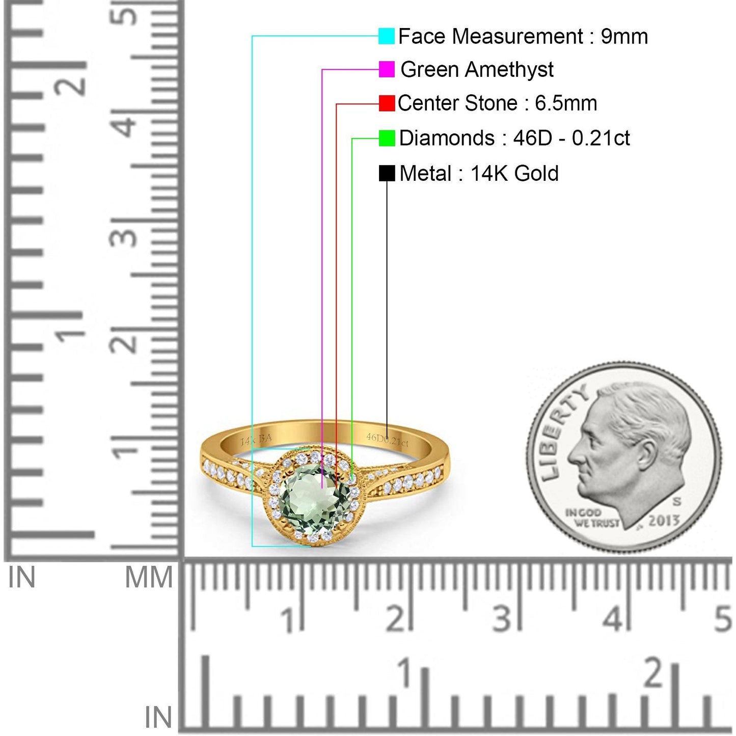 14K Yellow Gold 0.67ct Round Halo 6.5mm G SI Natural Green Amethyst Diamond Engagement Wedding Ring Size 6.5