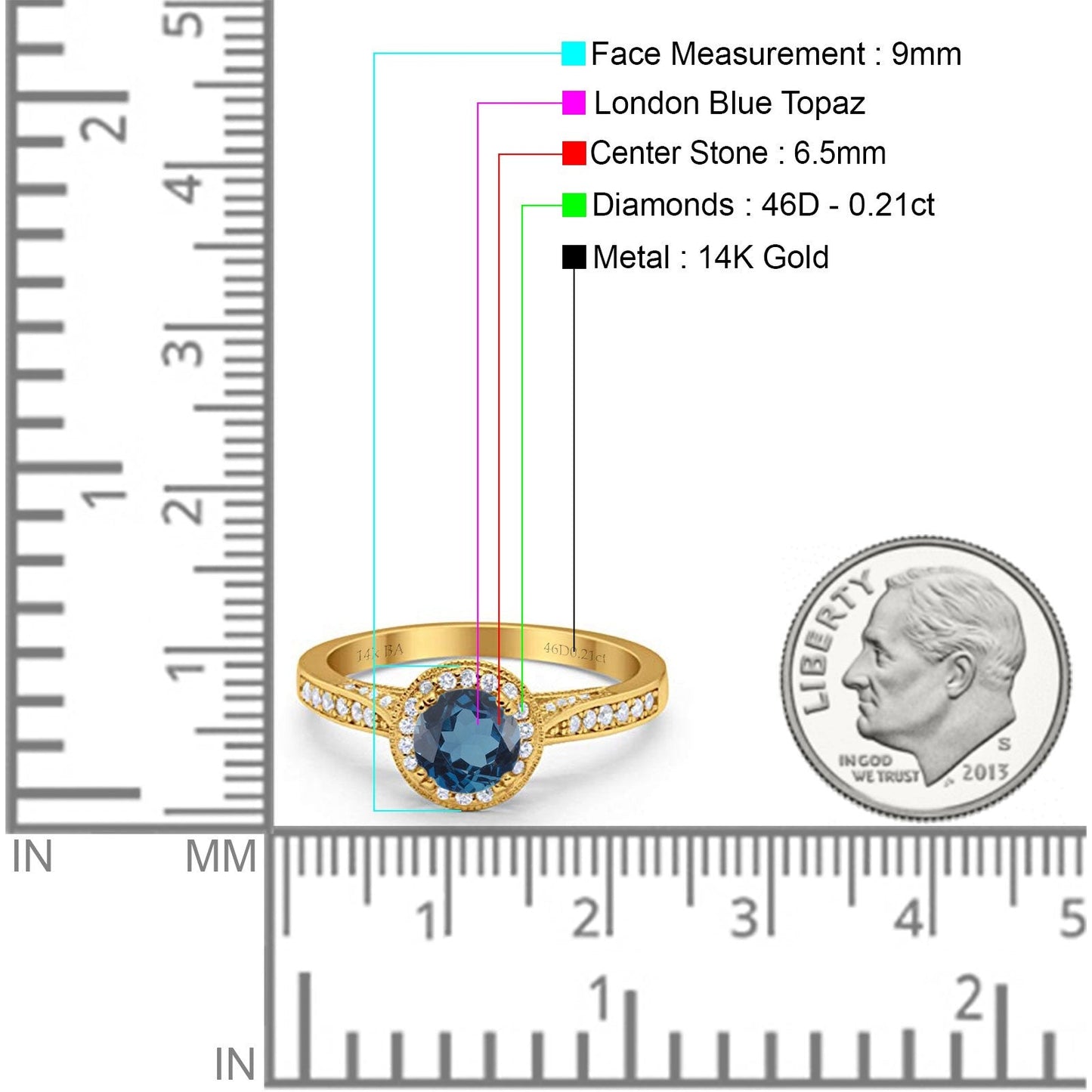 14K Yellow Gold 0.67ct Round Halo 6.5mm G SI London Blue Topaz Diamond Engagement Wedding Ring Size 6.5