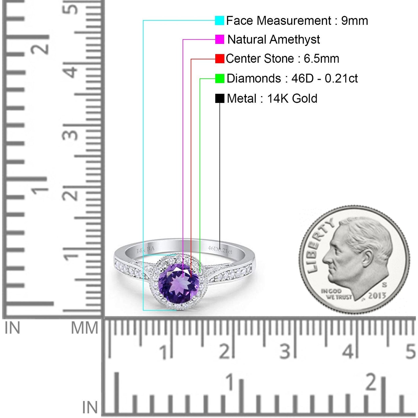 14K White Gold 0.67ct Round Halo 6.5mm G SI Natural Amethyst Diamond Engagement Wedding Ring Size 6.5