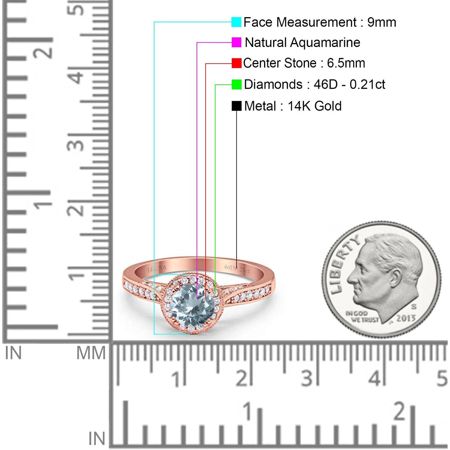 14K Rose Gold 0.67ct Round Halo 6.5mm G SI Natural Aquamarine Diamond Engagement Wedding Ring Size 6.5