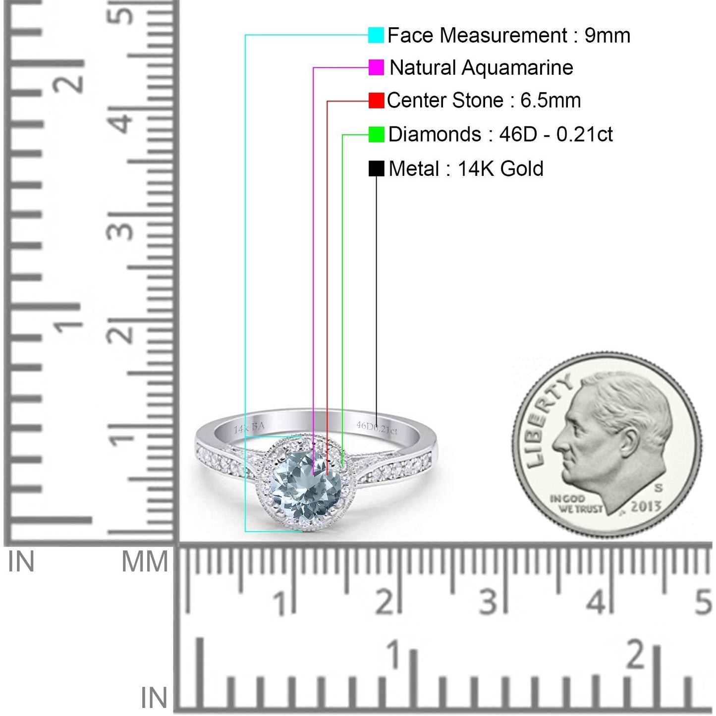 14K White Gold 0.67ct Round Halo 6.5mm G SI Natural Aquamarine Diamond Engagement Wedding Ring Size 6.5