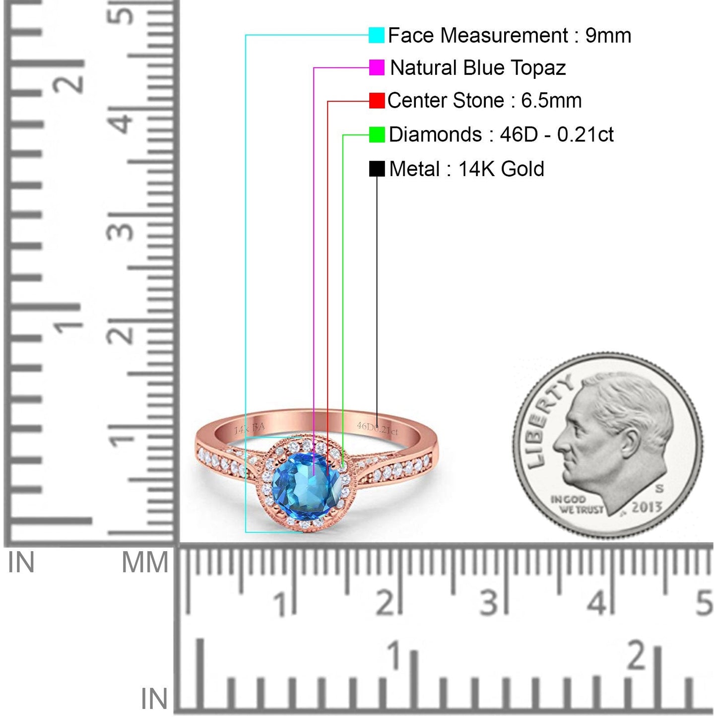 14K Rose Gold 0.67ct Round Halo 6.5mm G SI Natural Blue Topaz Diamond Engagement Wedding Ring Size 6.5