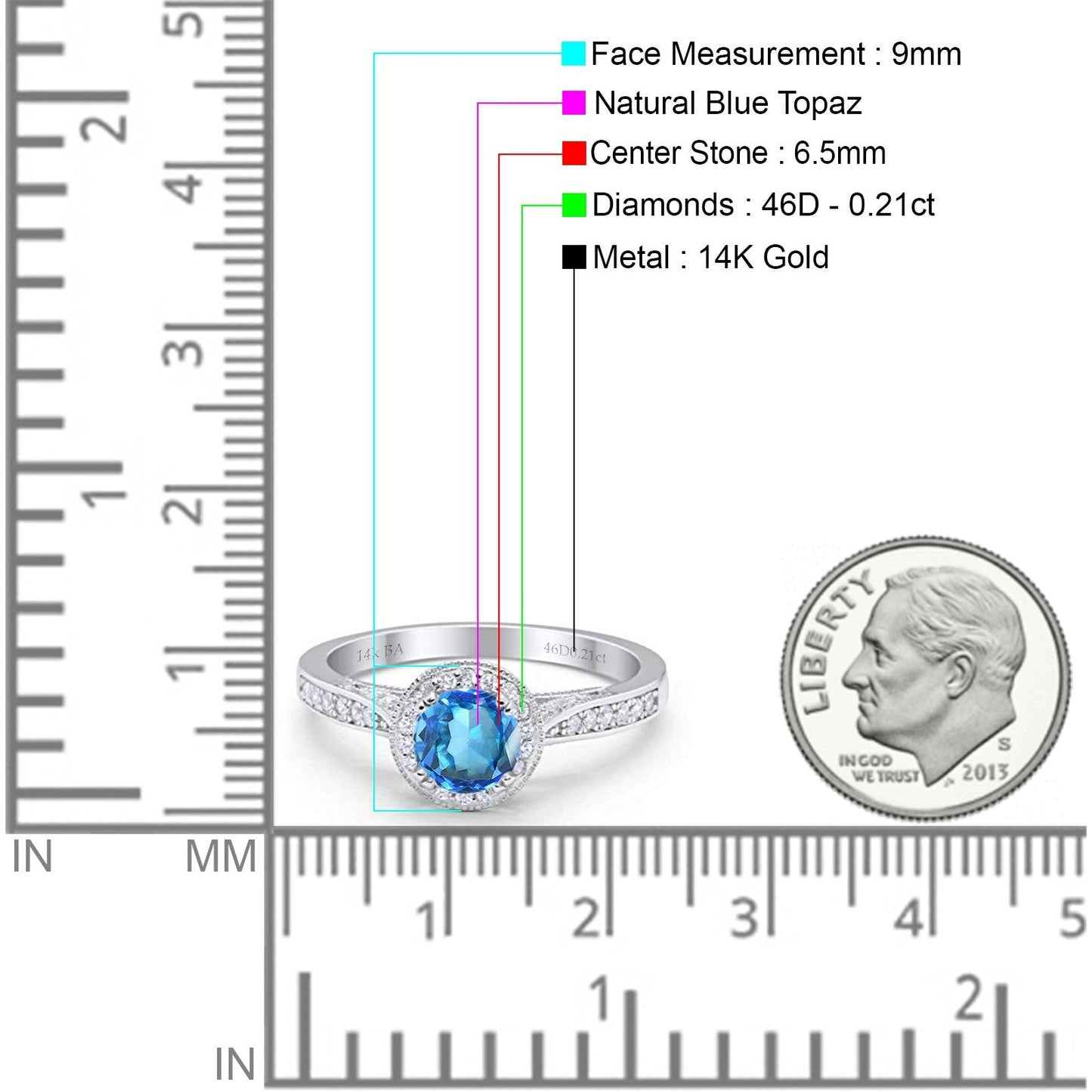 14K White Gold 0.67ct Round Halo 6.5mm G SI Natural Blue Topaz Diamond Engagement Wedding Ring Size 6.5