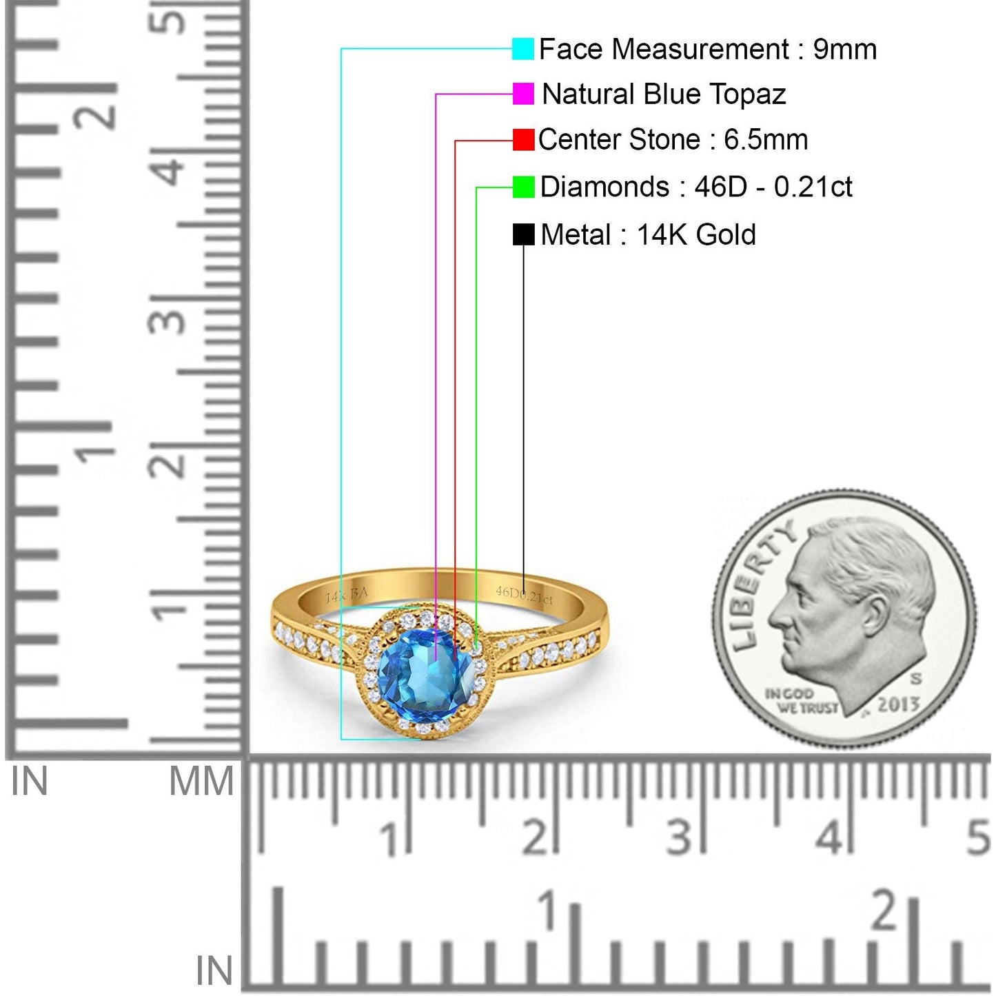 14K Yellow Gold 0.67ct Round Halo 6.5mm G SI Natural Blue Topaz Diamond Engagement Wedding Ring Size 6.5