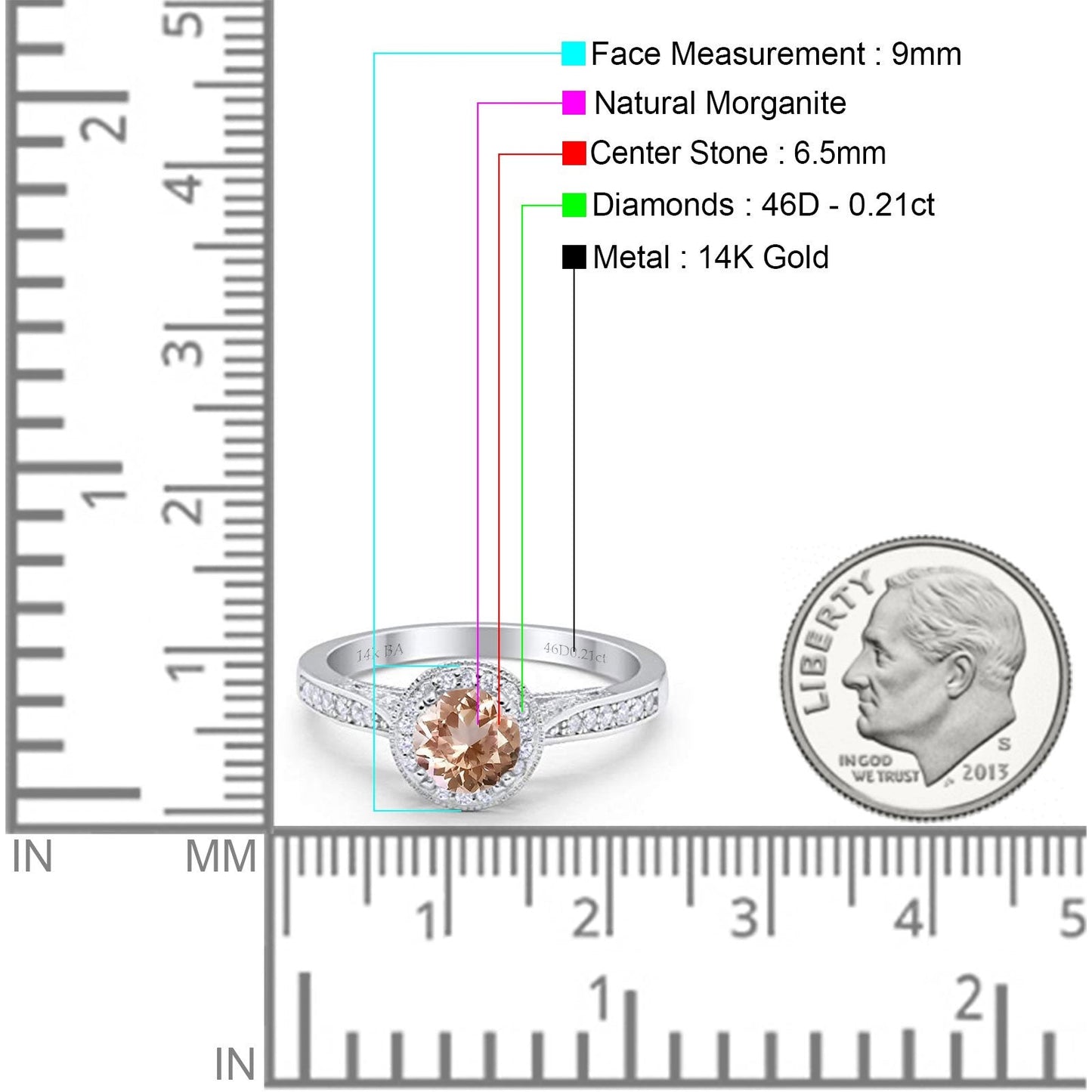 14K White Gold 0.67ct Round Halo 6.5mm G SI Natural Morganite Diamond Engagement Wedding Ring Size 6.5