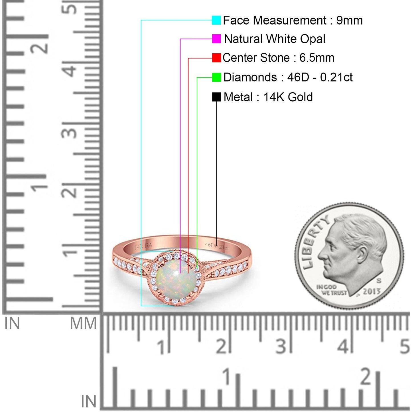 14K Rose Gold 0.21ct Round Halo 6.5mm G SI Natural White Opal Diamond Engagement Wedding Ring Size 6.5