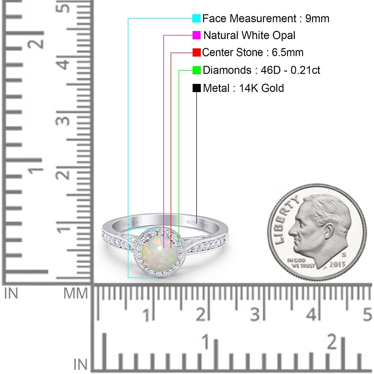 14K White Gold 0.21ct Round Halo 6.5mm G SI Natural White Opal Diamond Engagement Wedding Ring Size 6.5