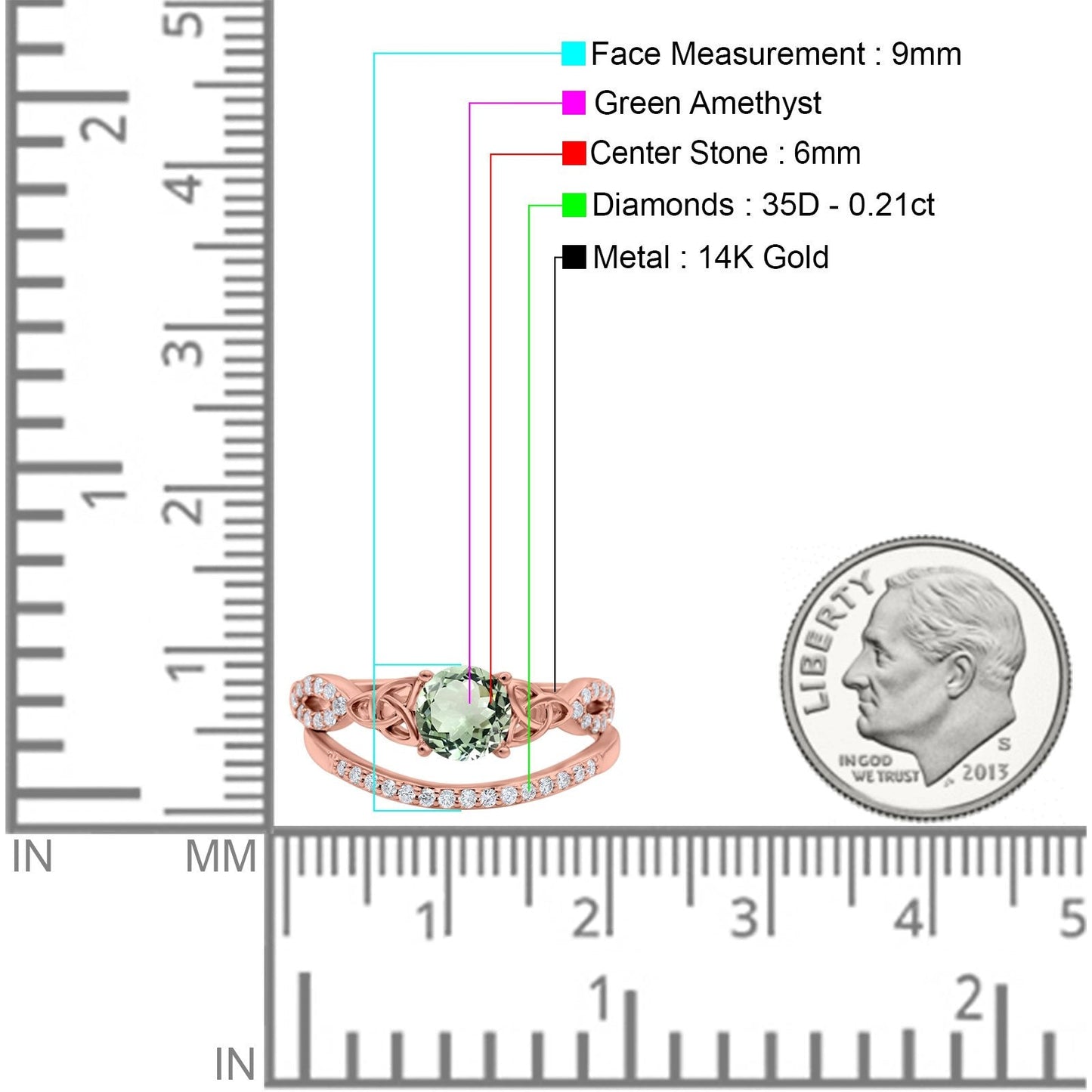 14K Rose Gold 1.05ct Round 6mm G SI Natural Green Amethyst Diamond Engagement Bridal Wedding Ring Size 6.5