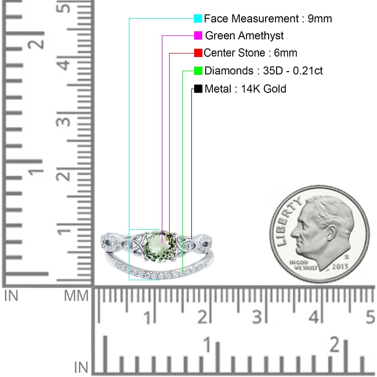 14K White Gold 1.05ct Round 6mm G SI Natural Green Amethyst Diamond Engagement Bridal Wedding Ring Size 6.5