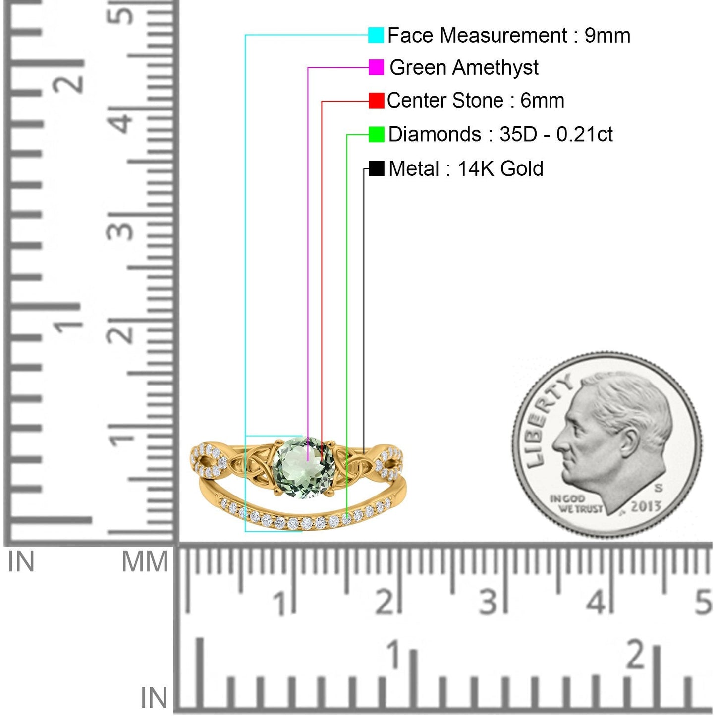 14K Yellow Gold 1.05ct Round 6mm G SI Natural Green Amethyst Diamond Engagement Bridal Wedding Ring Size 6.5