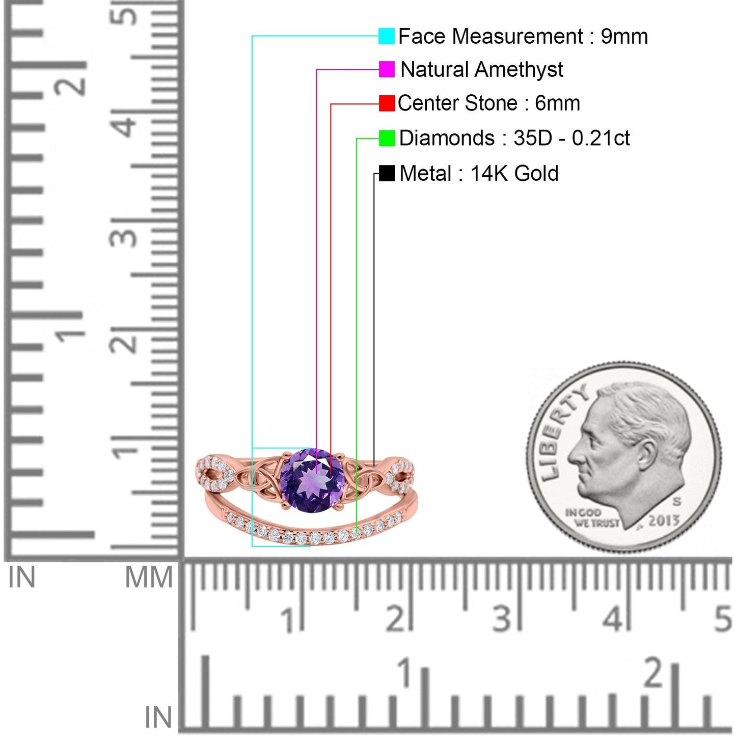 14K Rose Gold 1.05ct Round 6mm G SI Natural Amethyst Diamond Engagement Bridal Wedding Ring Size 6.5