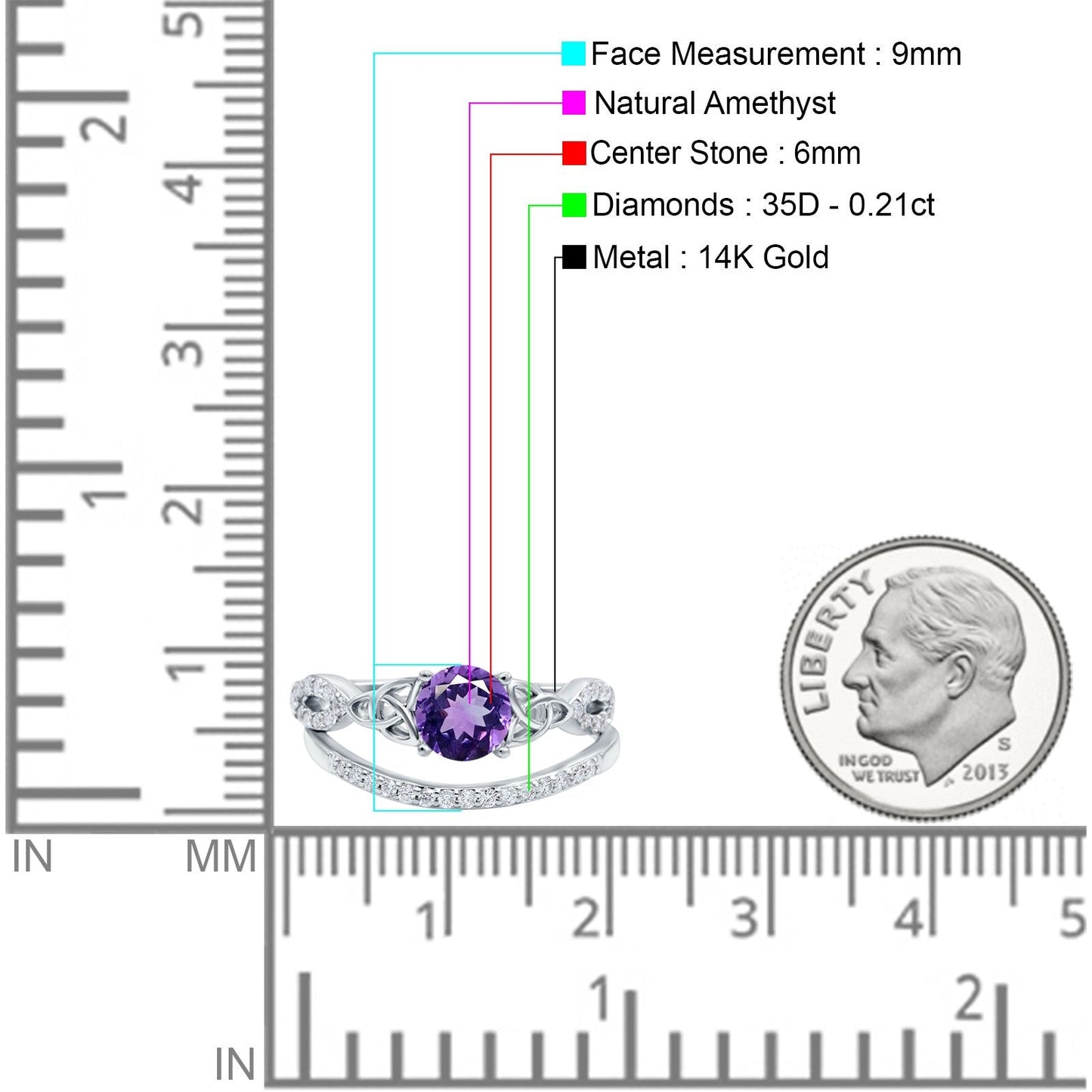 Bague de fiançailles en or blanc 14 carats avec diamant rond de 6 mm et améthyste naturelle G SI de 1,05 ct, taille 6,5