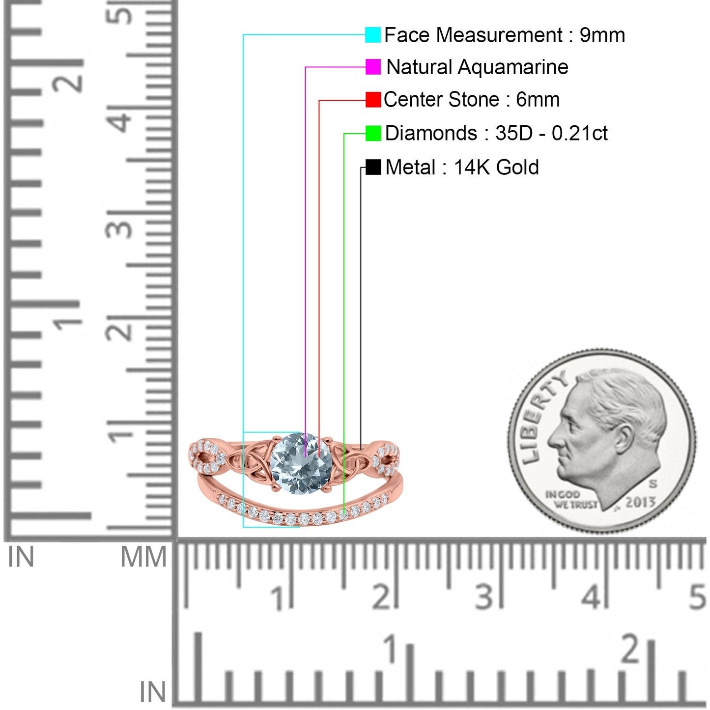 14K Rose Gold 1.05ct Round 6mm G SI Natural Aquamarine Diamond Engagement Bridal Wedding Ring Size 6.5