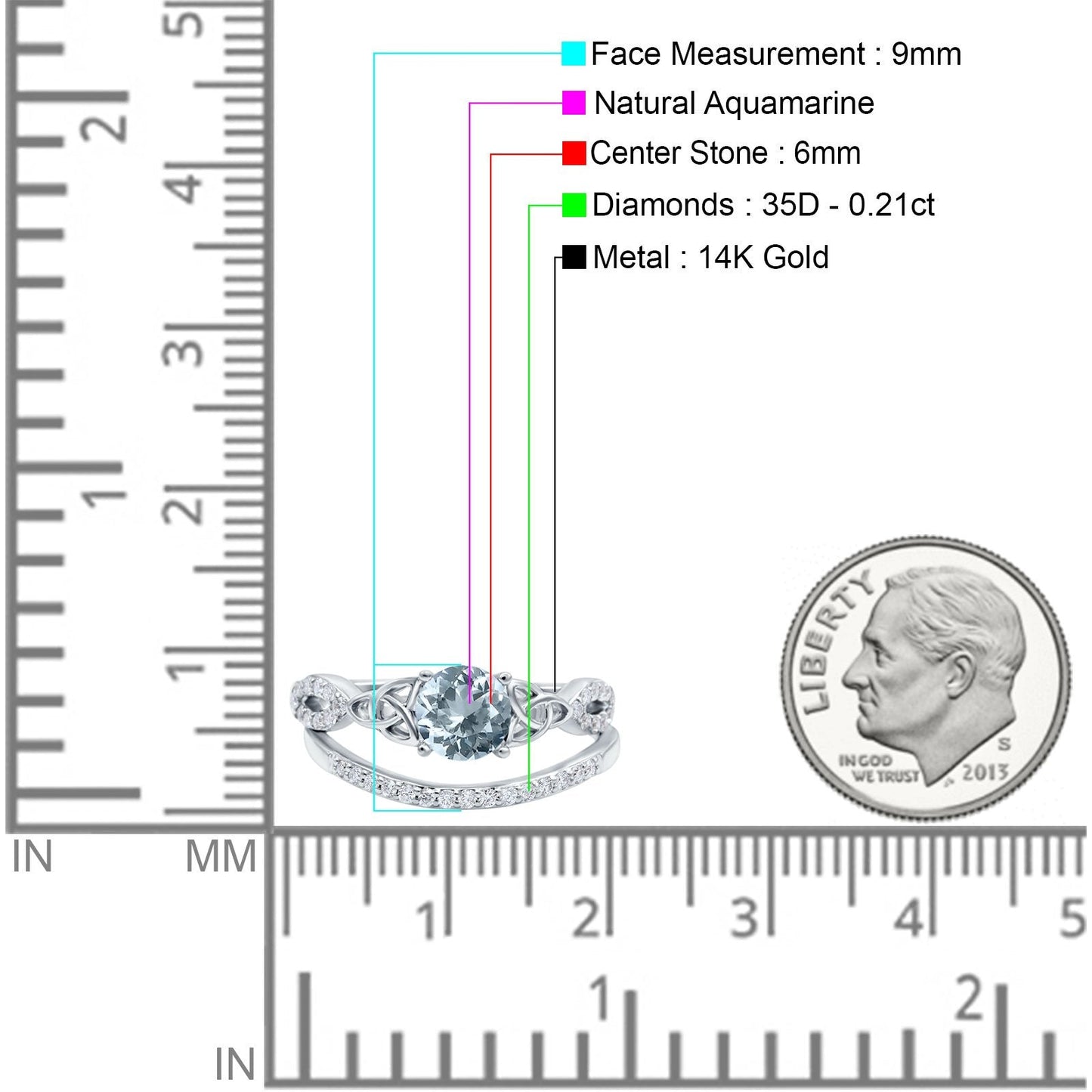 14K White Gold 1.05ct Round 6mm G SI Natural Aquamarine Diamond Engagement Bridal Wedding Ring Size 6.5