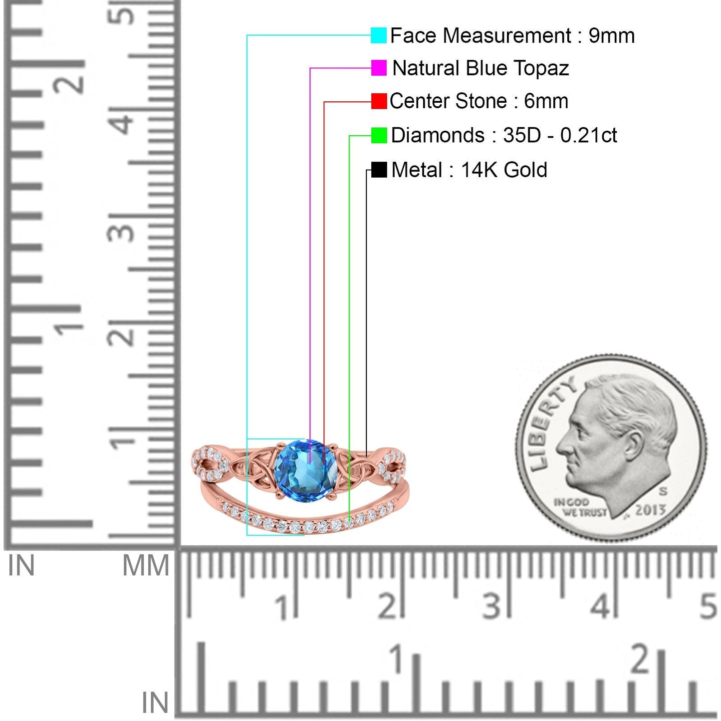 14K Rose Gold 1.05ct Round 6mm G SI Natural Blue Topaz Diamond Engagement Bridal Wedding Ring Size 6.5