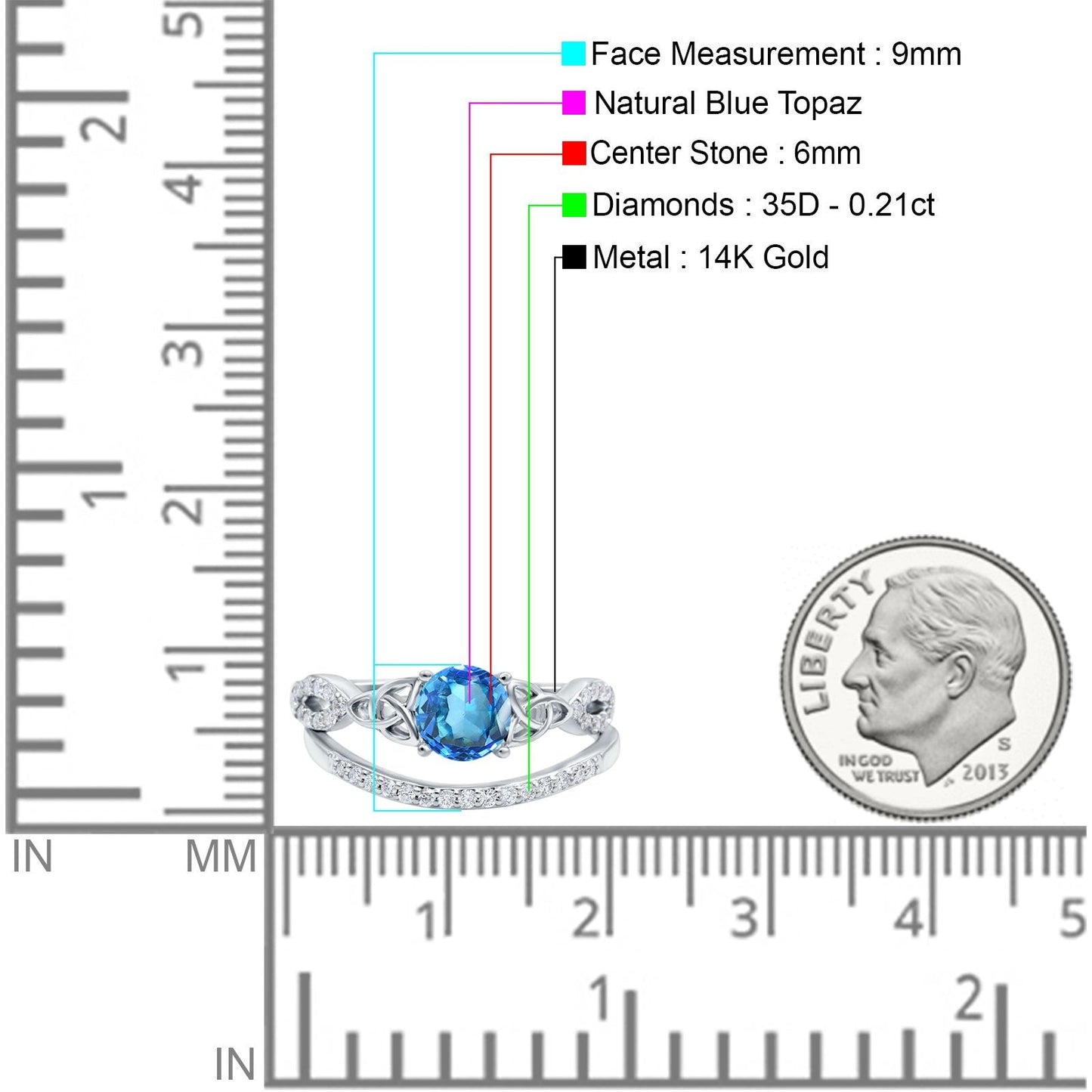 14K White Gold 1.05ct Round 6mm G SI Natural Blue Topaz Diamond Engagement Bridal Wedding Ring Size 6.5