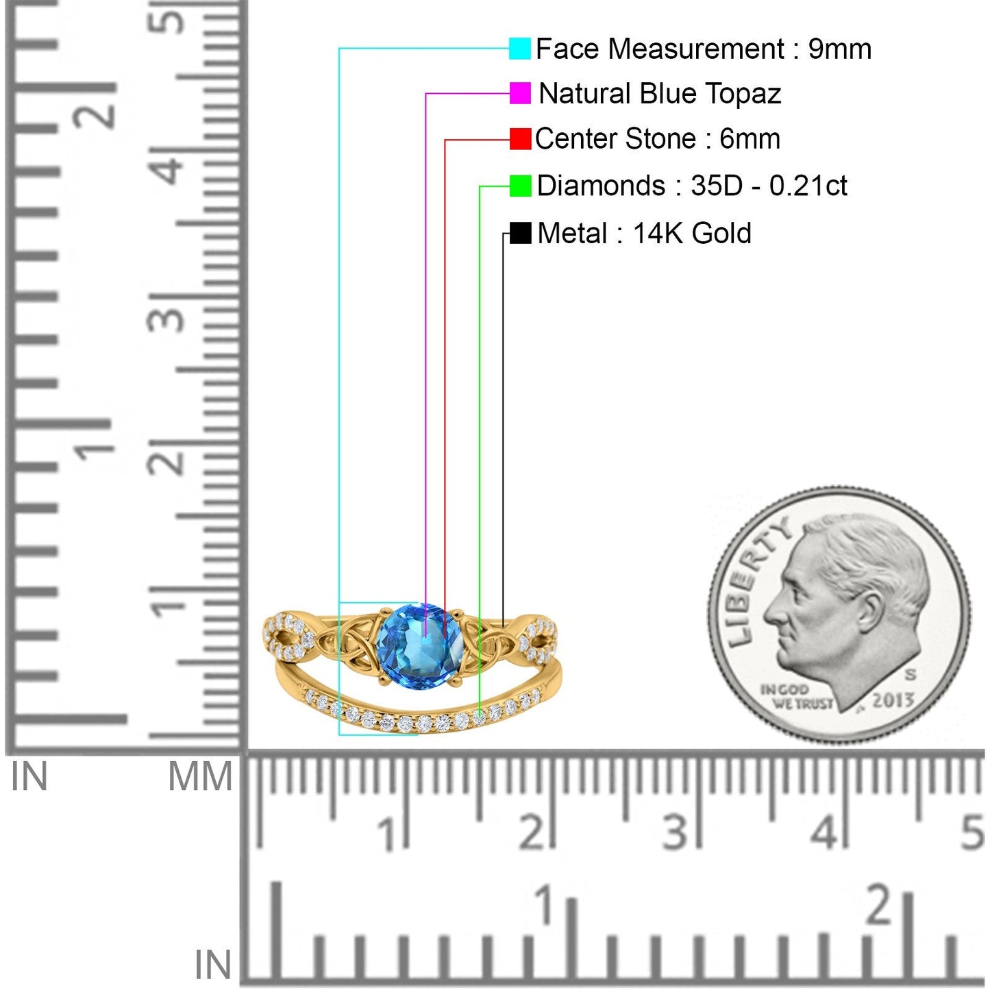 14K Yellow Gold 1.05ct Round 6mm G SI Natural Blue Topaz Diamond Engagement Bridal Wedding Ring Size 6.5