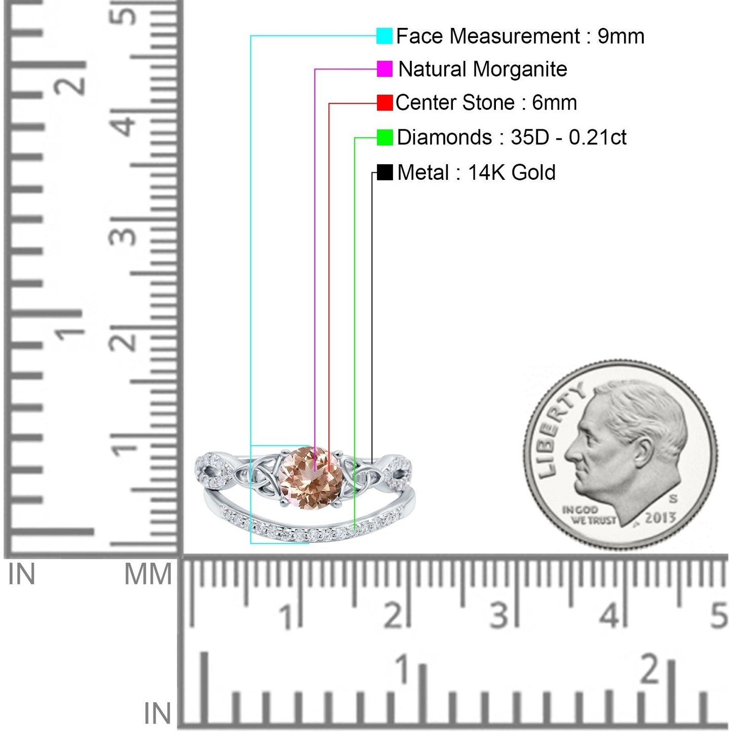 14K White Gold 1.05ct Round 6mm G SI Natural Morganite Diamond Engagement Bridal Wedding Ring Size 6.5