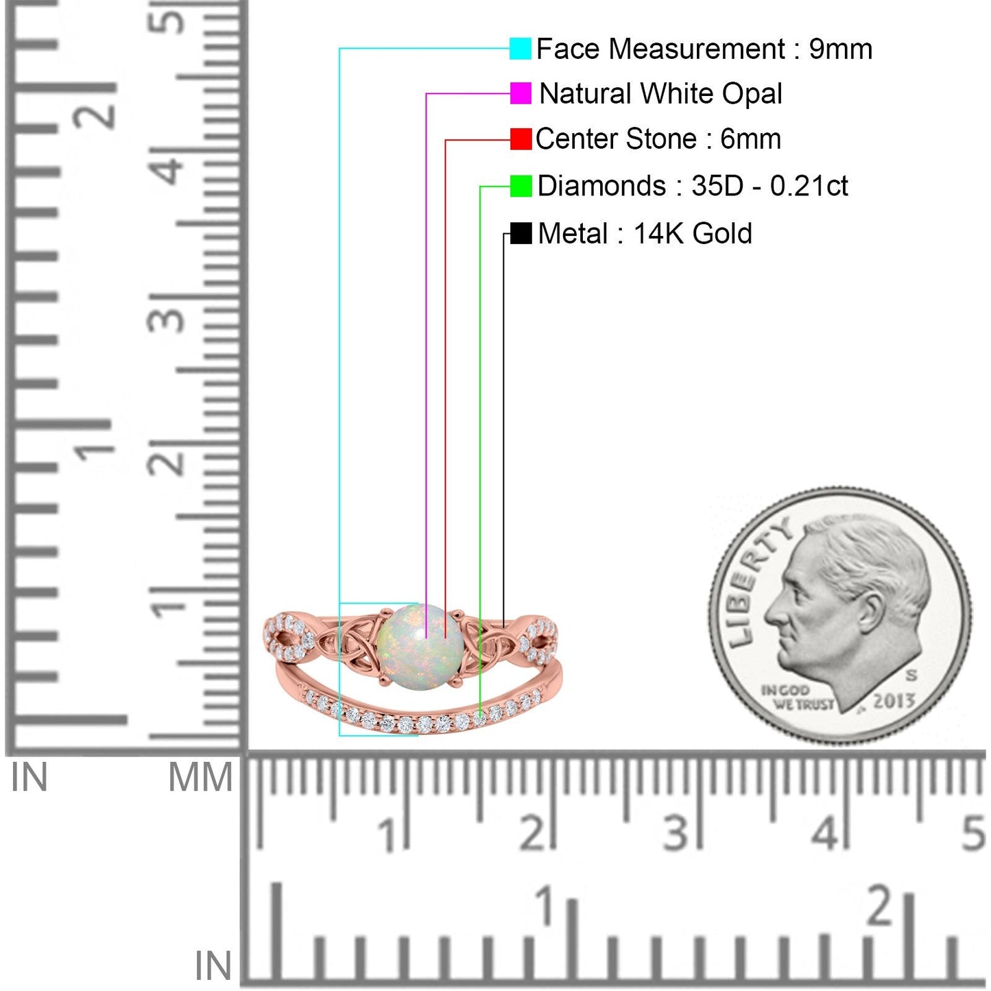 14K Rose Gold 0.21ct Round 6mm G SI Natural White Opal Diamond Engagement Bridal Wedding Ring Size 6.5