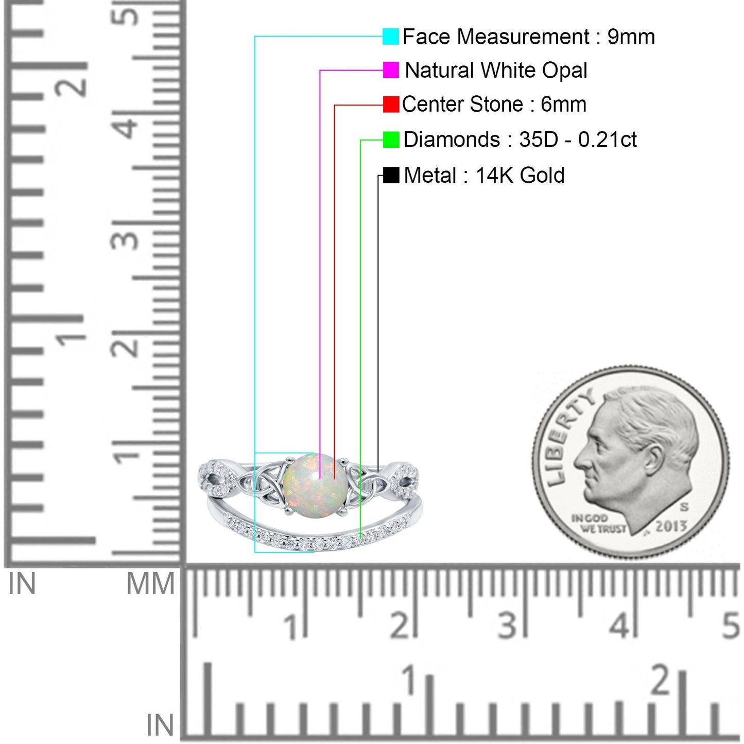 14K White Gold 0.21ct Round 6mm G SI Natural White Opal Diamond Engagement Bridal Wedding Ring Size 6.5