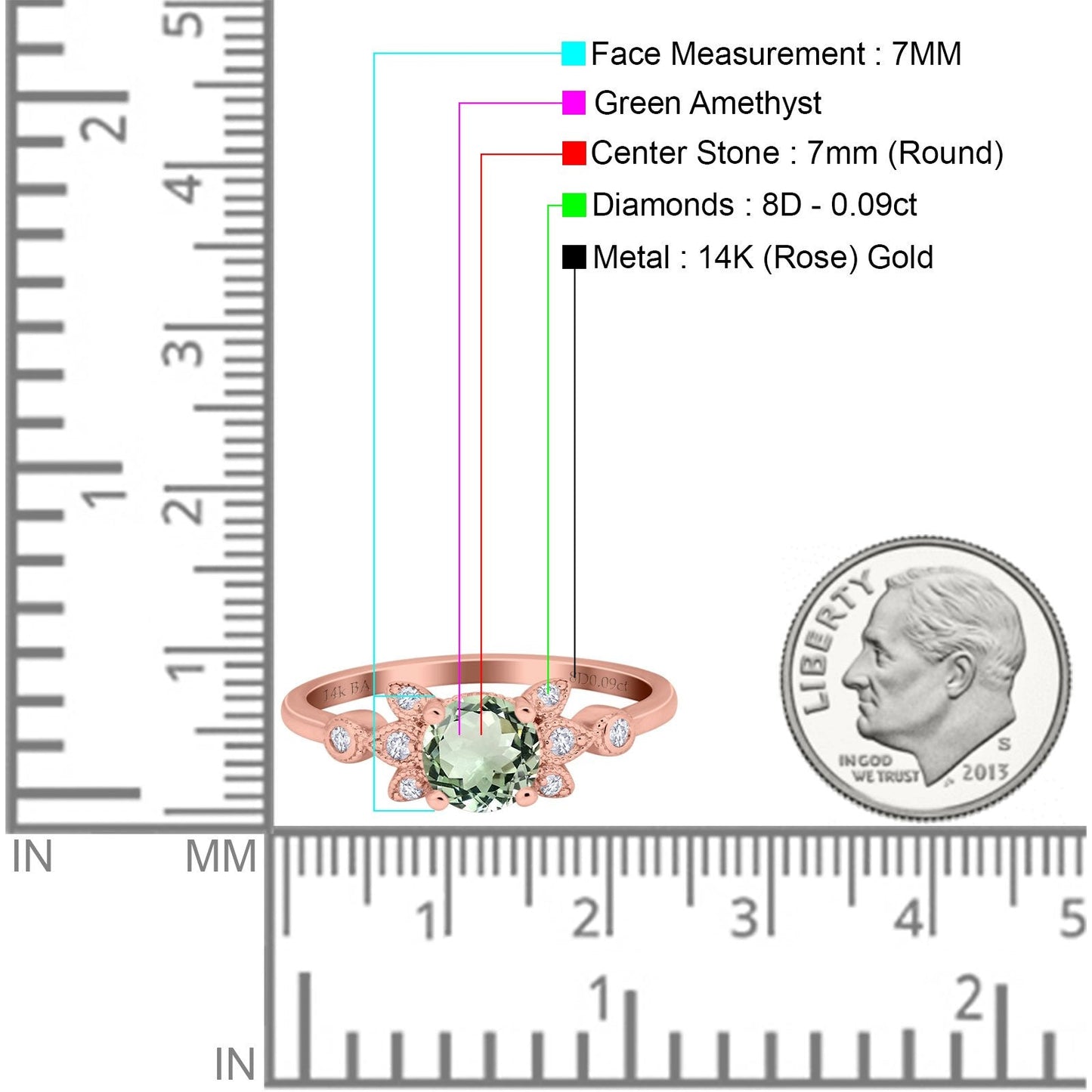 14K Rose Gold 1.37ct Round 7mm G SI Natural Green Amethyst Diamond Engagement Wedding Ring Size 6.5