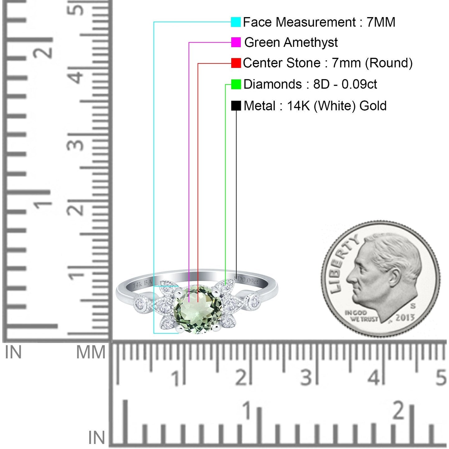 Bague de fiançailles en or blanc 14 carats avec diamant rond de 7 mm et améthyste verte naturelle G SI de 1,37 ct, taille 6,5