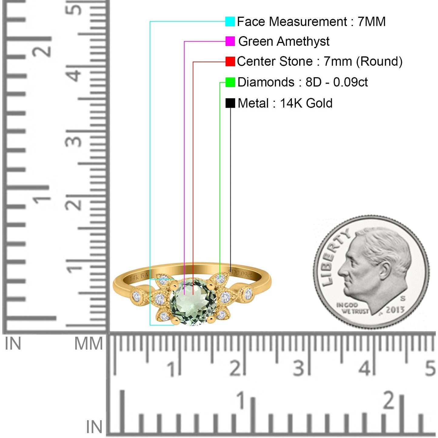 14K Yellow Gold 1.37ct Round 7mm G SI Natural Green Amethyst Diamond Engagement Wedding Ring Size 6.5