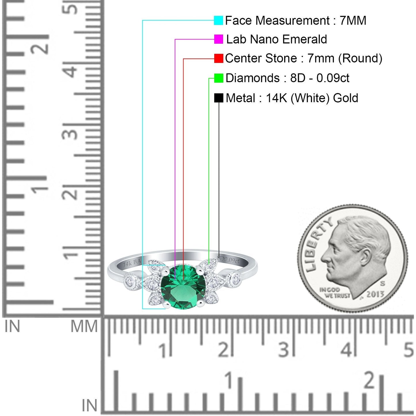 14K White Gold 1.37ct Round 7mm G SI Nano Emerald Diamond Engagement Wedding Ring Size 6.5