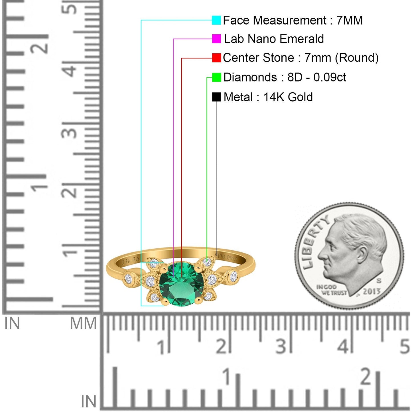 14K Yellow Gold 1.37ct Round 7mm G SI Nano Emerald Diamond Engagement Wedding Ring Size 6.5