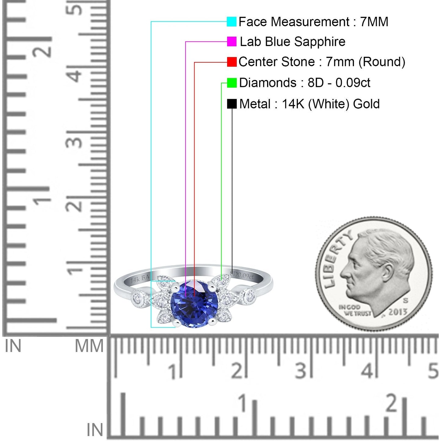 Bague de fiançailles en or blanc 14 carats avec diamant rond de 7 mm G SI Nano bleu saphir 1,37 ct, taille 6,5