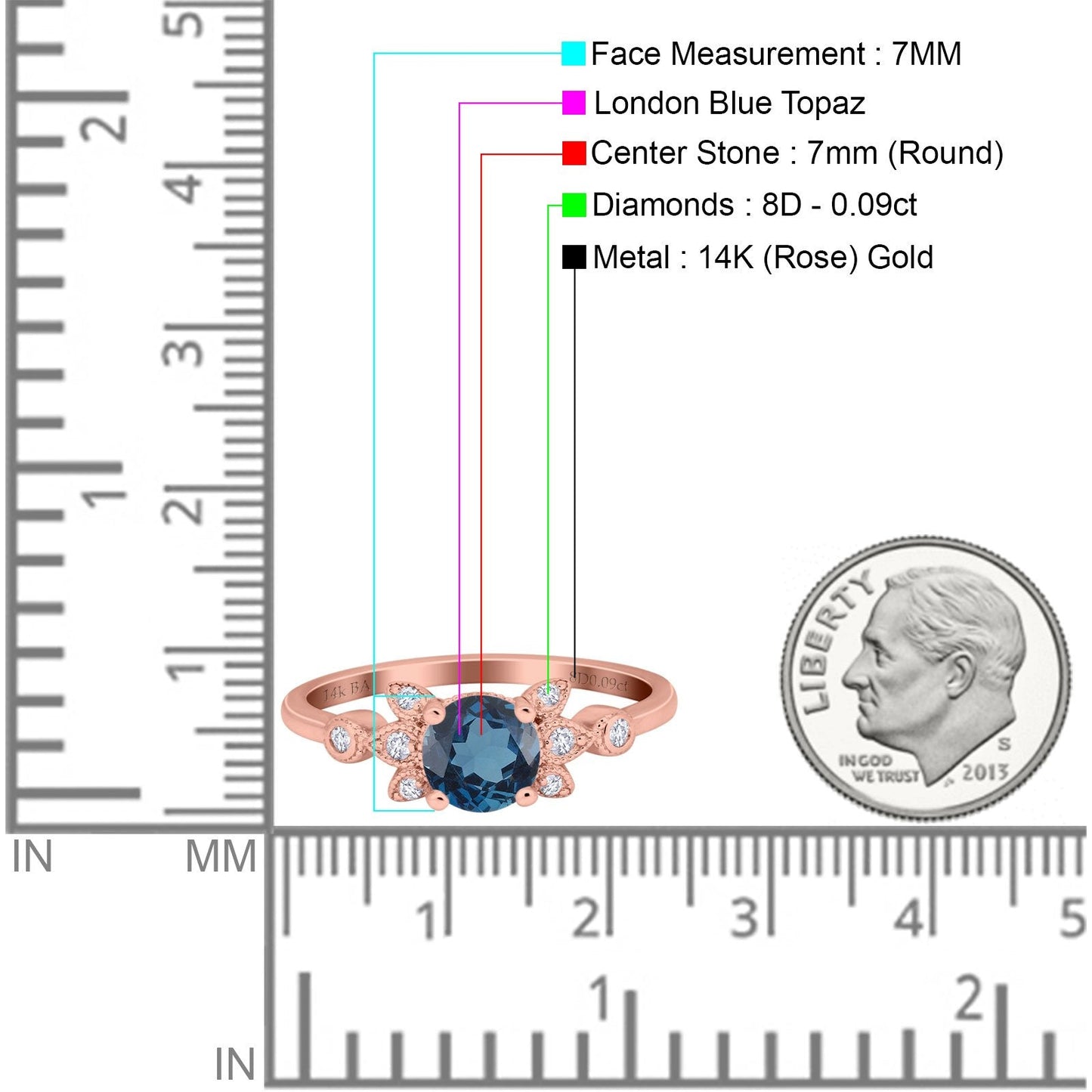 Bague de fiançailles en or rose 14 carats avec topaze bleue de Londres ronde de 7 mm G SI de 1,37 ct et diamant taille 6,5