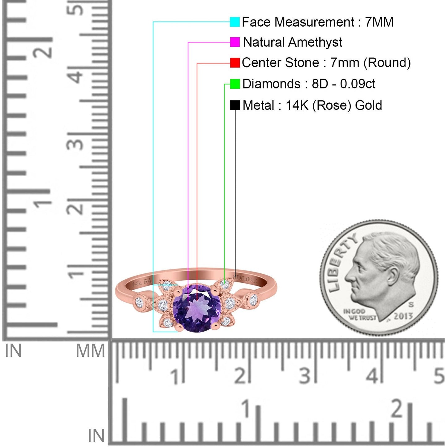 14K Rose Gold 1.37ct Round 7mm G SI Natural Amethyst Diamond Engagement Wedding Ring Size 6.5